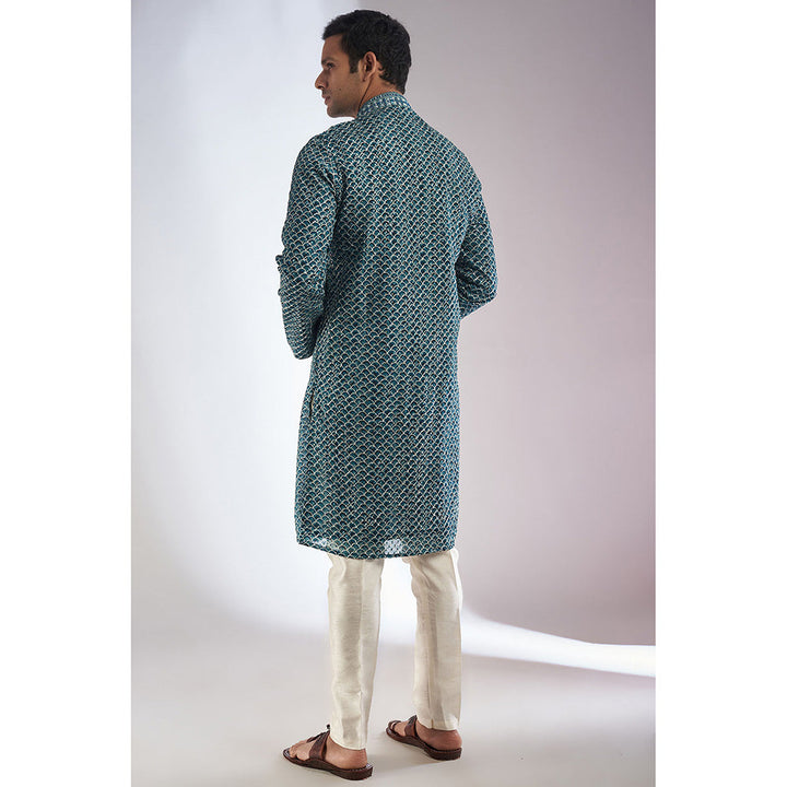 RIYAASAT Blue Silk Printed & Embroidered Kurta with Pant (Set of 2)