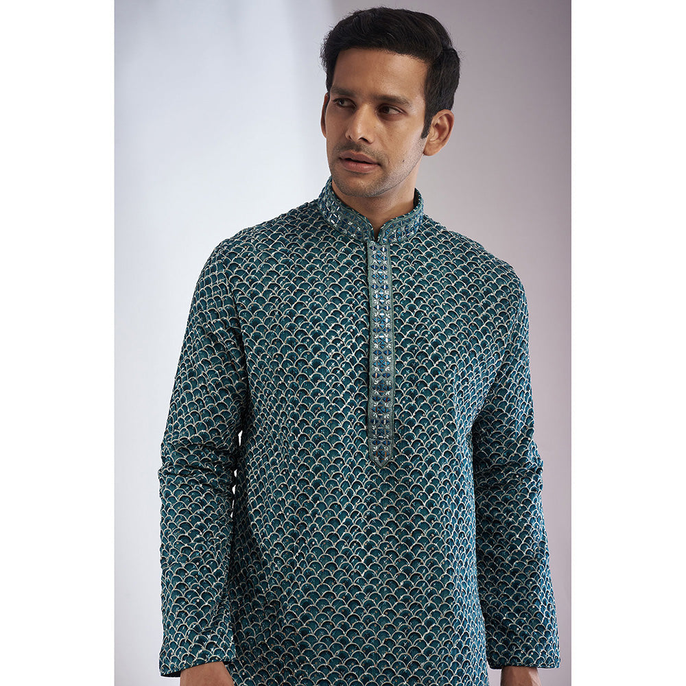 RIYAASAT Blue Silk Printed & Embroidered Kurta with Pant (Set of 2)