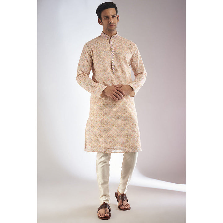 RIYAASAT Beige Silk Embroidered Kurta with Pant (Set of 2)