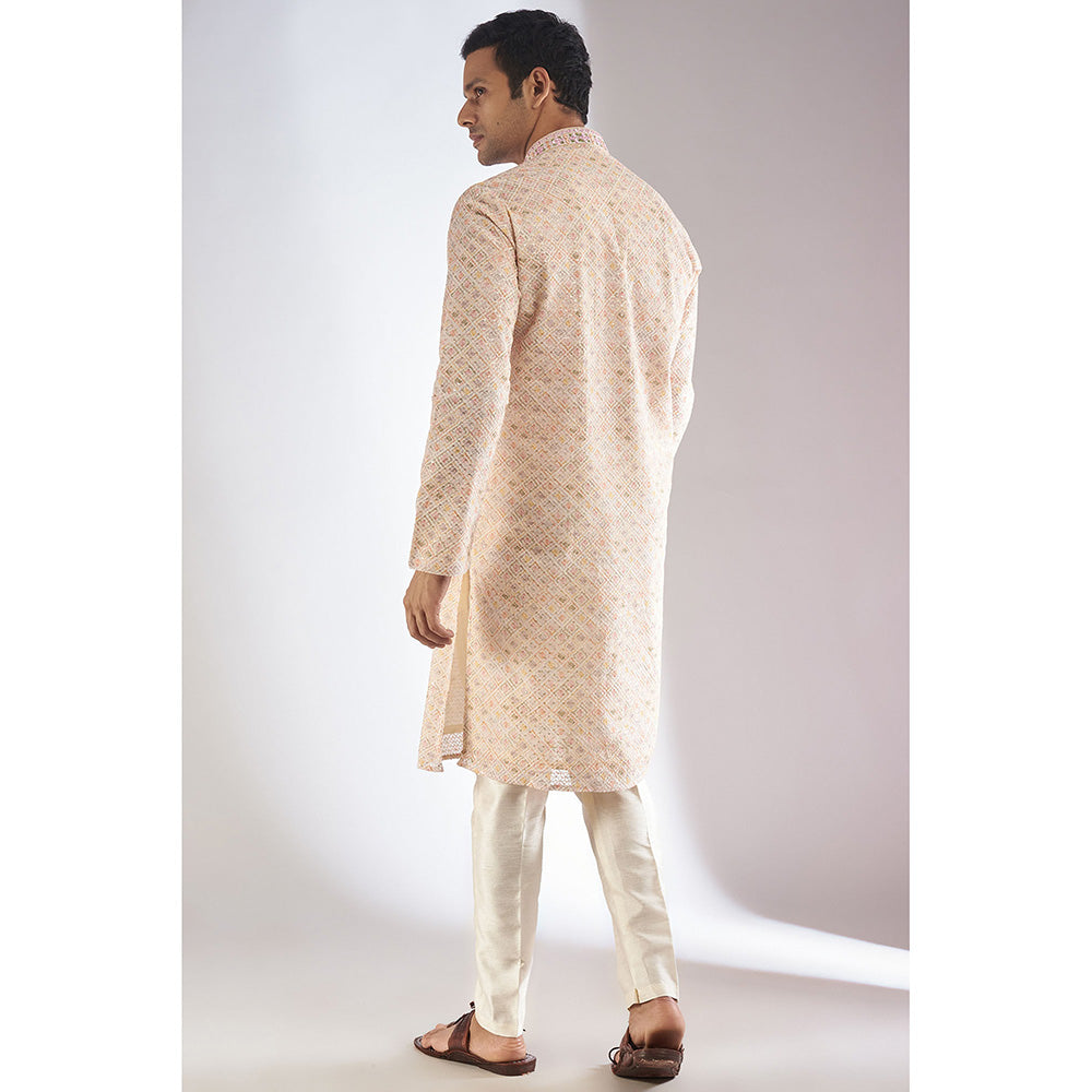 RIYAASAT Beige Silk Embroidered Kurta with Pant (Set of 2)