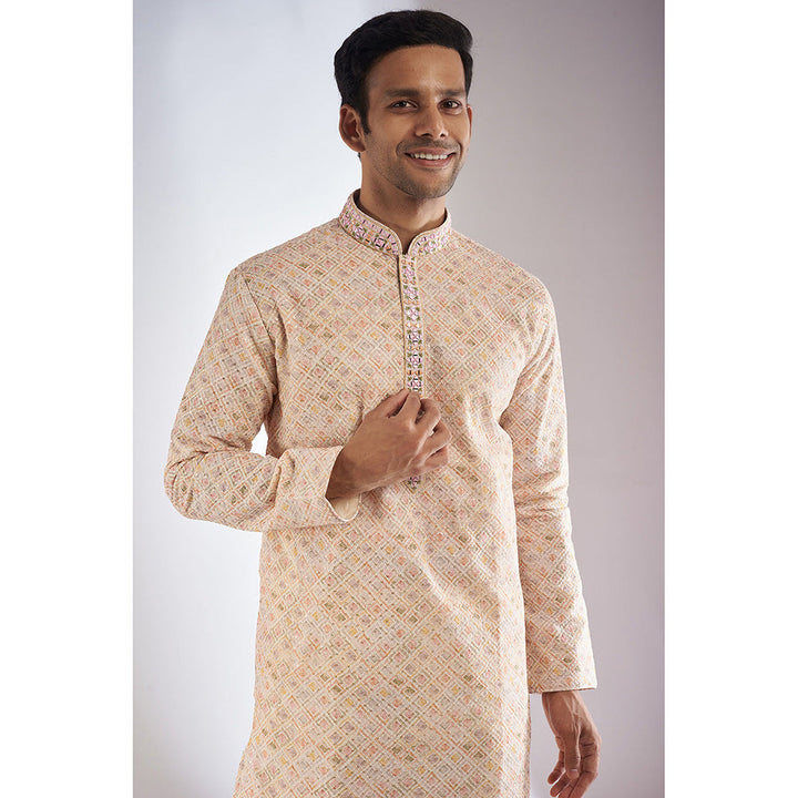 RIYAASAT Beige Silk Embroidered Kurta with Pant (Set of 2)