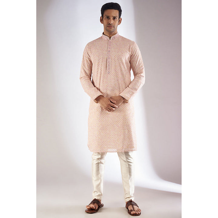 RIYAASAT Pink Silk Printed & Embroidered Kurta with Pant (Set of 2)