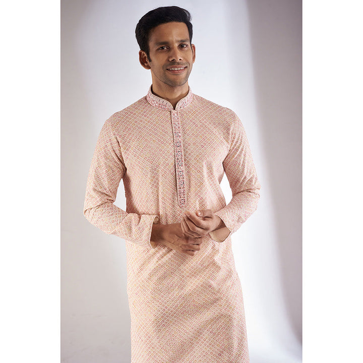 RIYAASAT Pink Silk Printed & Embroidered Kurta with Pant (Set of 2)