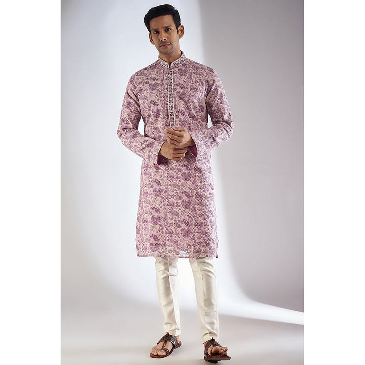 RIYAASAT Purple Silk Printed & Embroidered Kurta with Pant (Set of 2)