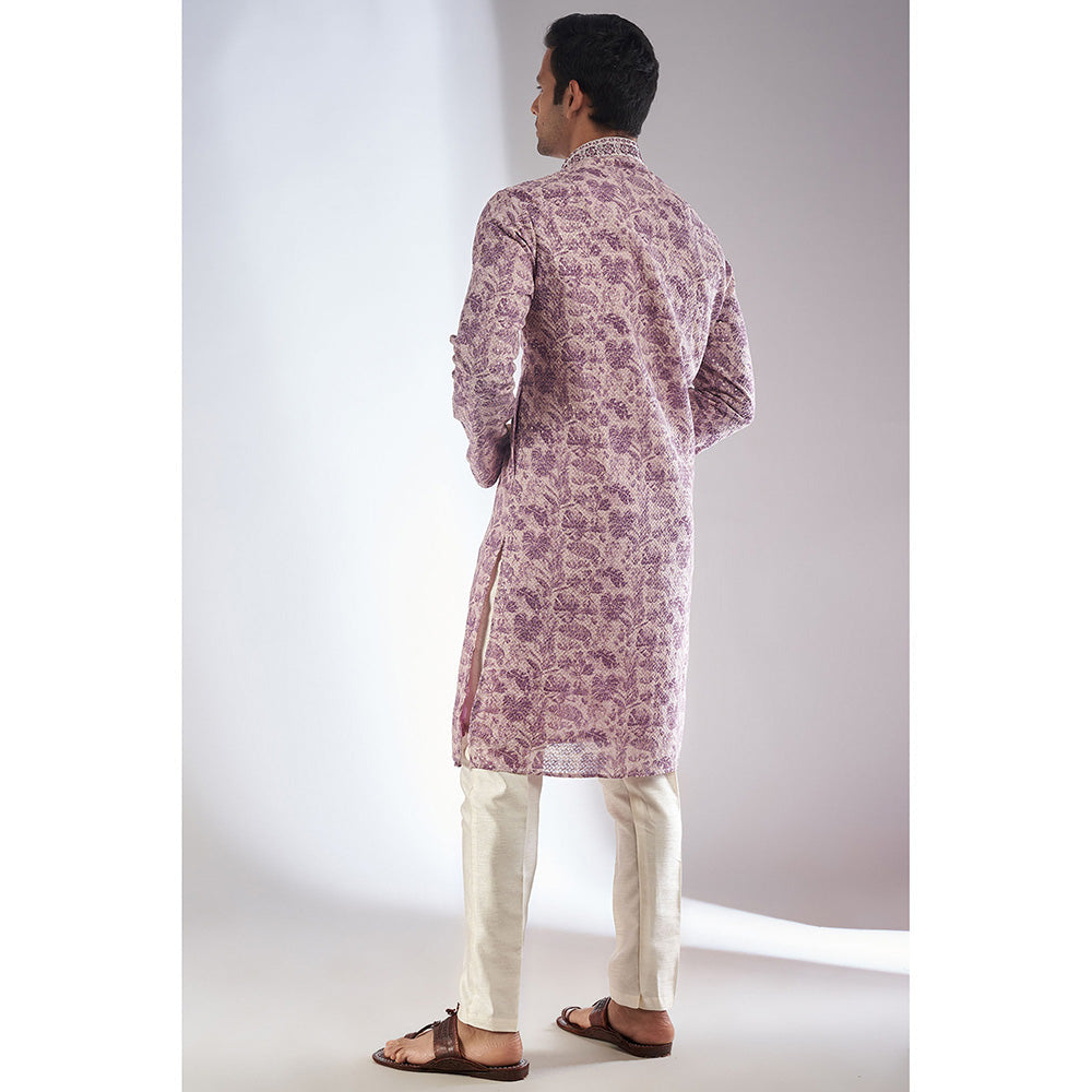 RIYAASAT Purple Silk Printed & Embroidered Kurta with Pant (Set of 2)