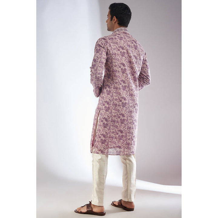 RIYAASAT Purple Silk Printed & Embroidered Kurta with Pant (Set of 2)