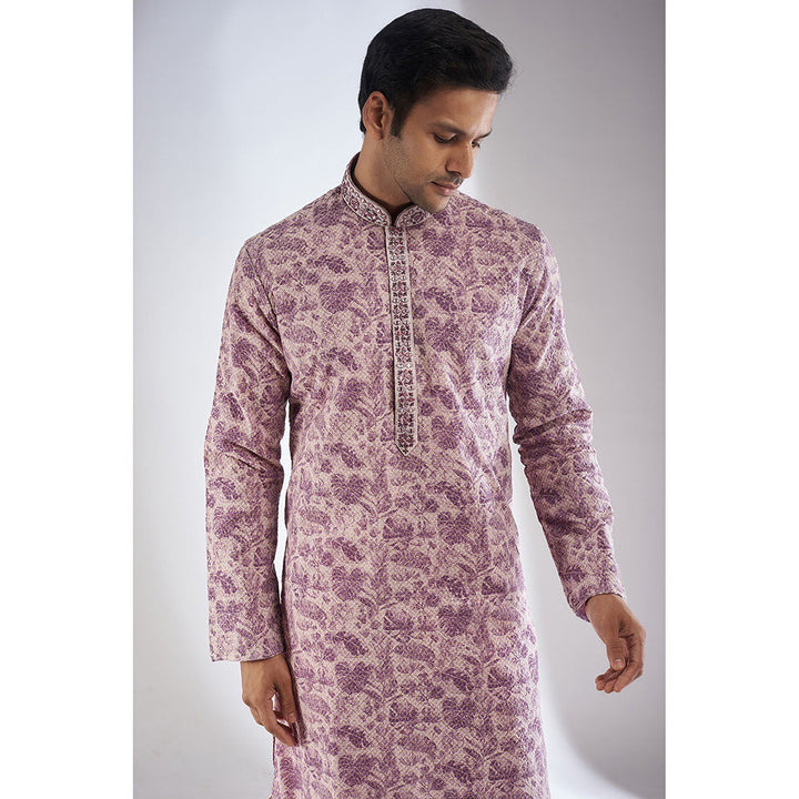 RIYAASAT Purple Silk Printed & Embroidered Kurta with Pant (Set of 2)