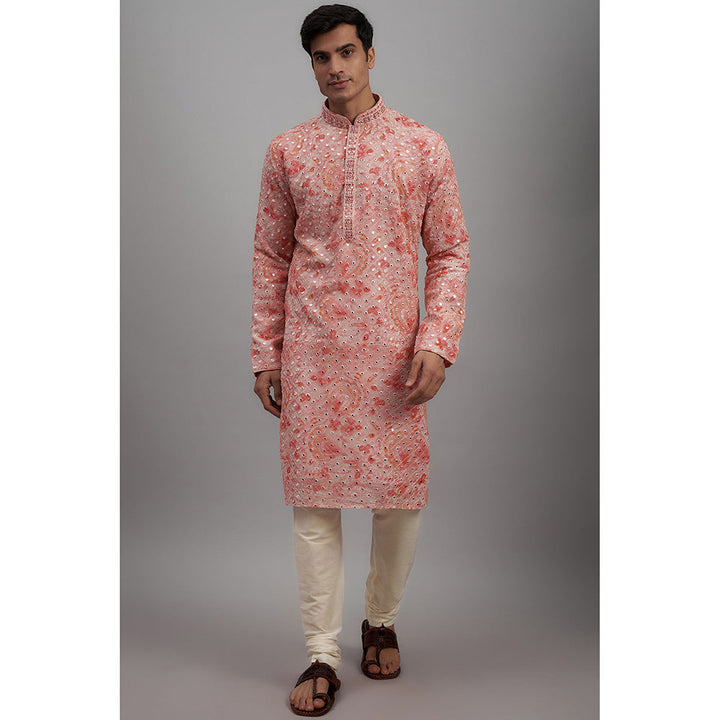 RIYAASAT Pink Georgette Printed & Embroidered Kurta with Churidar (Set of 2)