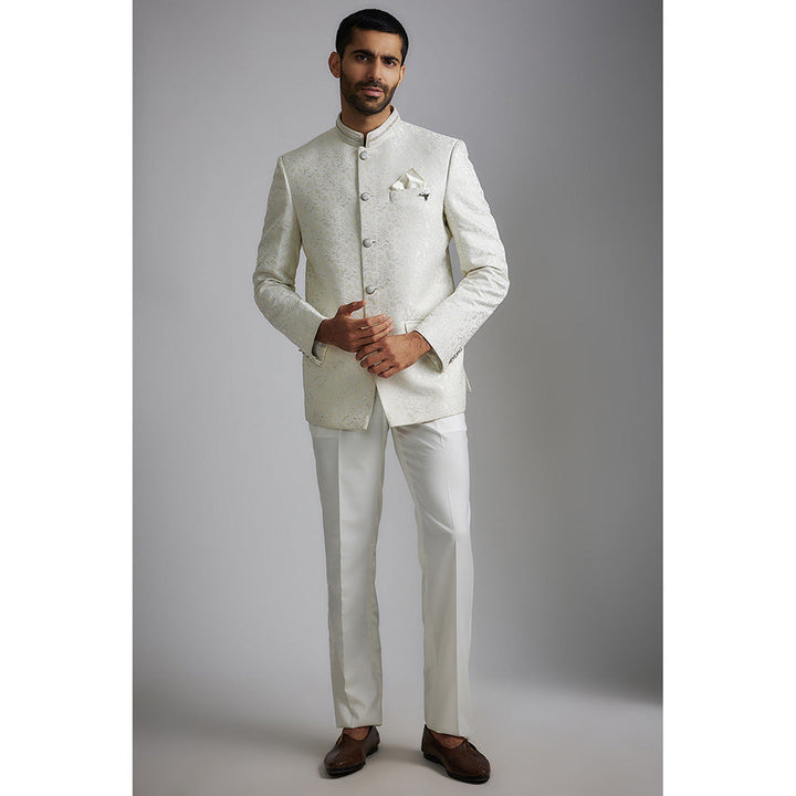 RIYAASAT White Jacquard Bandhgala and Pant (Set of 2)