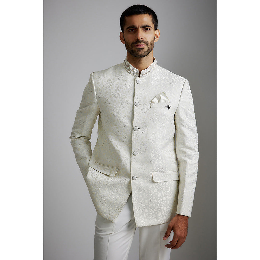 RIYAASAT White Jacquard Bandhgala and Pant (Set of 2)