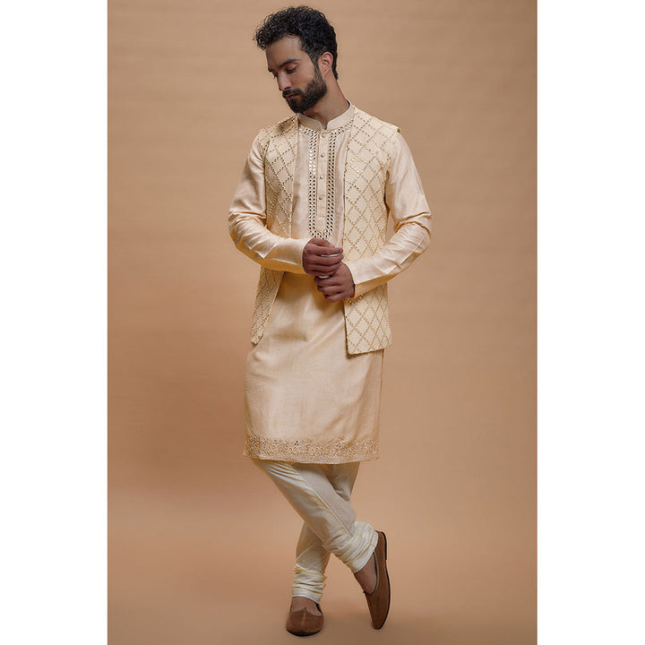 RIYAASAT Cream Silk Embroidered Kurta with Churidar and Jacket (Set of 3)