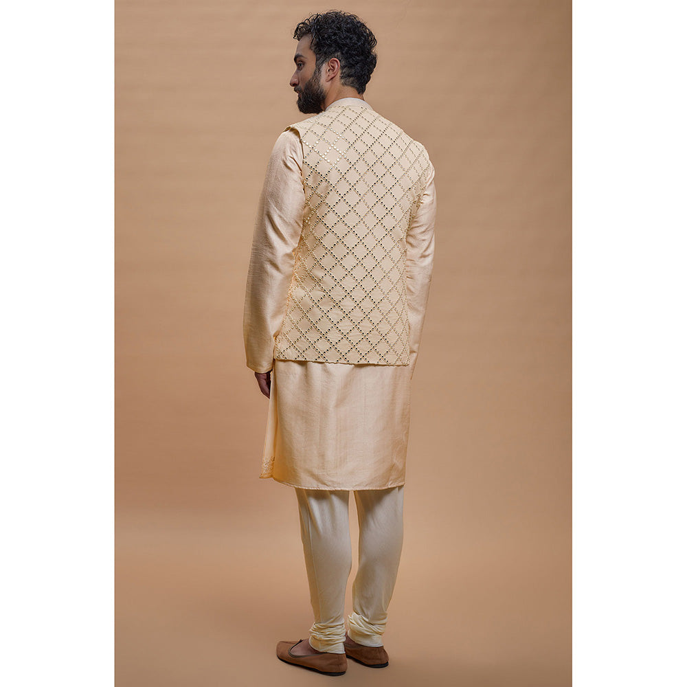 RIYAASAT Cream Silk Embroidered Kurta with Churidar and Jacket (Set of 3)