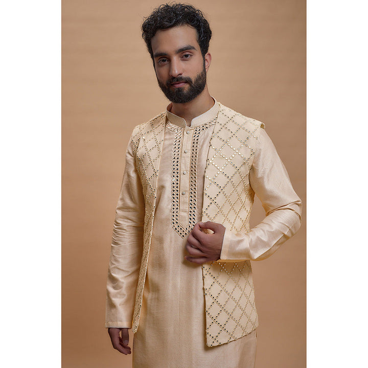 RIYAASAT Cream Silk Embroidered Kurta with Churidar and Jacket (Set of 3)