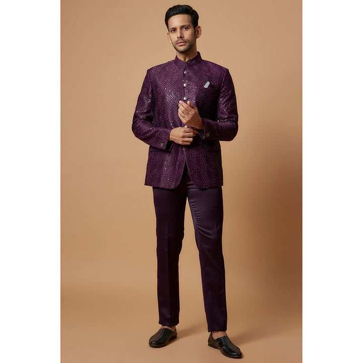 RIYAASAT Purple Silk Embroidered Jodhpuri Coat and Pant (Set of 2)