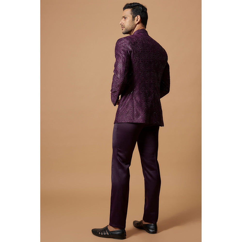 RIYAASAT Purple Silk Embroidered Jodhpuri Coat and Pant (Set of 2)