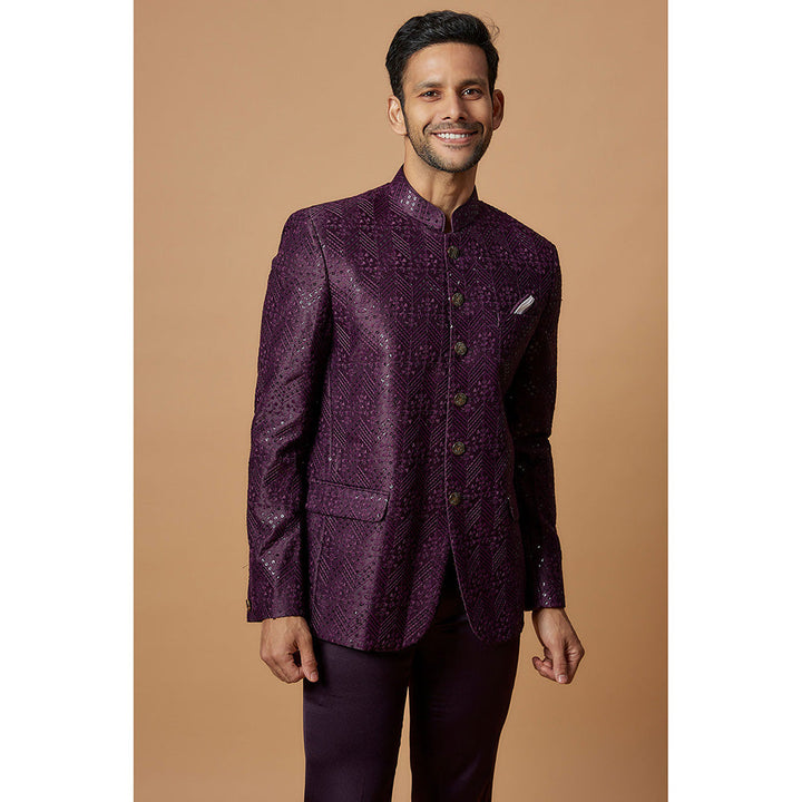 RIYAASAT Purple Silk Embroidered Jodhpuri Coat and Pant (Set of 2)