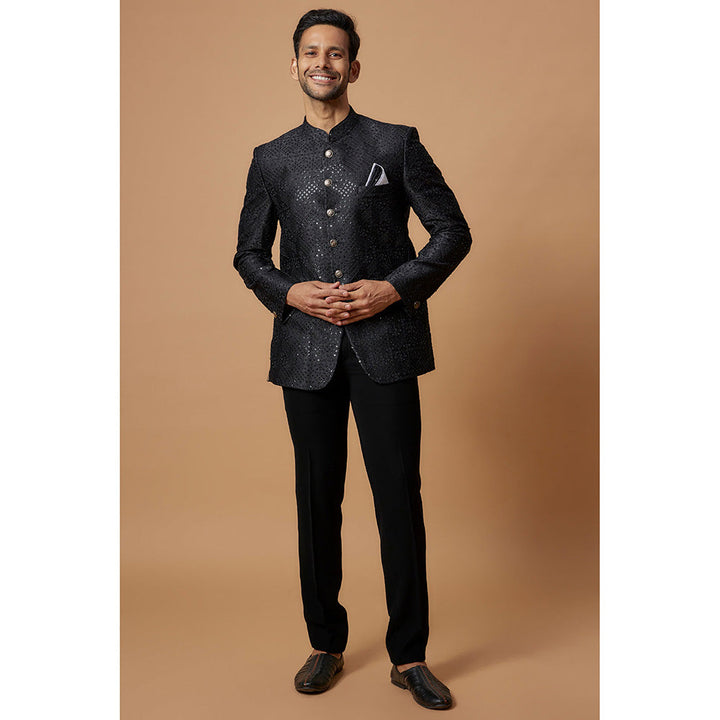 RIYAASAT Black Silk Embroidered Jodhpuri Coat with Pant (Set of 2)