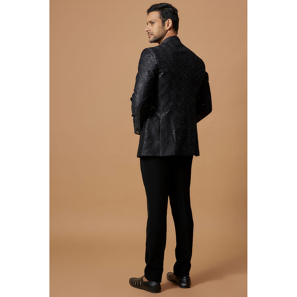 RIYAASAT Black Silk Embroidered Jodhpuri Coat with Pant (Set of 2)