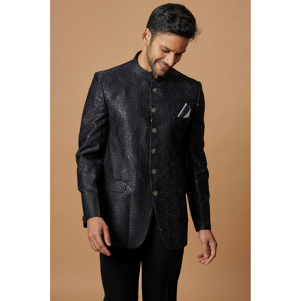 RIYAASAT Black Silk Embroidered Jodhpuri Coat with Pant (Set of 2)