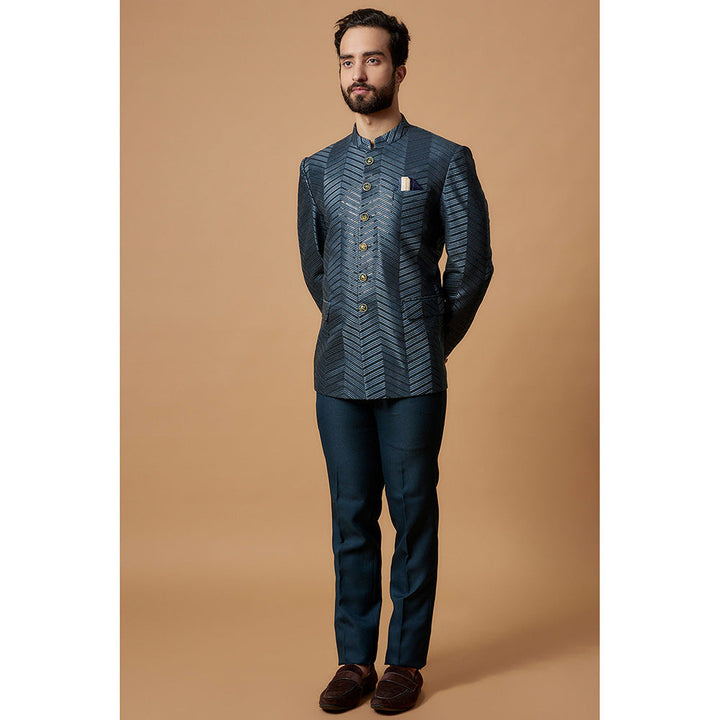 RIYAASAT Blue Silk Embroidered Jodhpuri Coat with Pant (Set of 2)