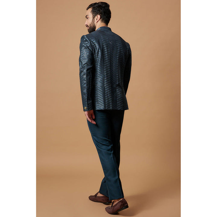 RIYAASAT Blue Silk Embroidered Jodhpuri Coat with Pant (Set of 2)