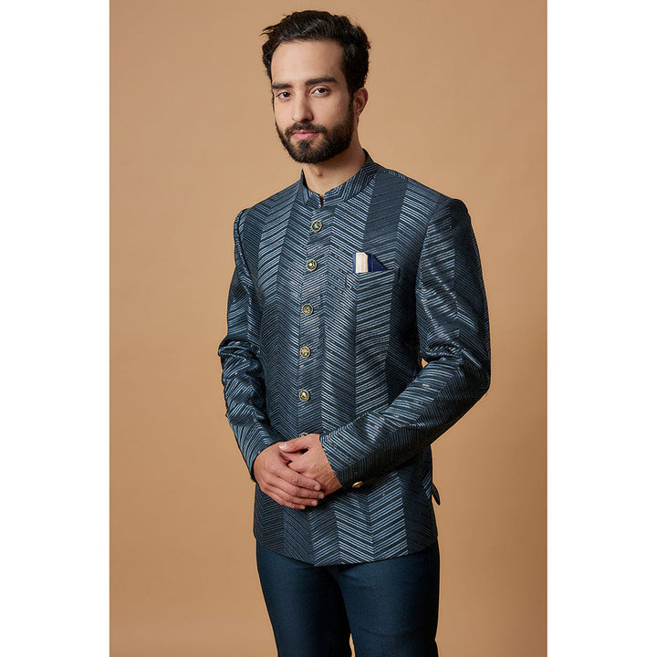 RIYAASAT Blue Silk Embroidered Jodhpuri Coat with Pant (Set of 2)