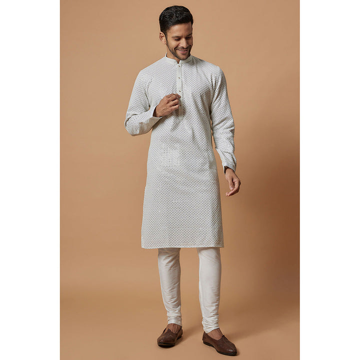 RIYAASAT White Silk Lucknowi Kurta with Churidar (Set of 2)