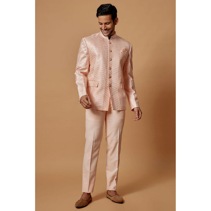 RIYAASAT Peach Suiting Fabric Embroidered Jodhpuri Coat and Pant (Set of 2)