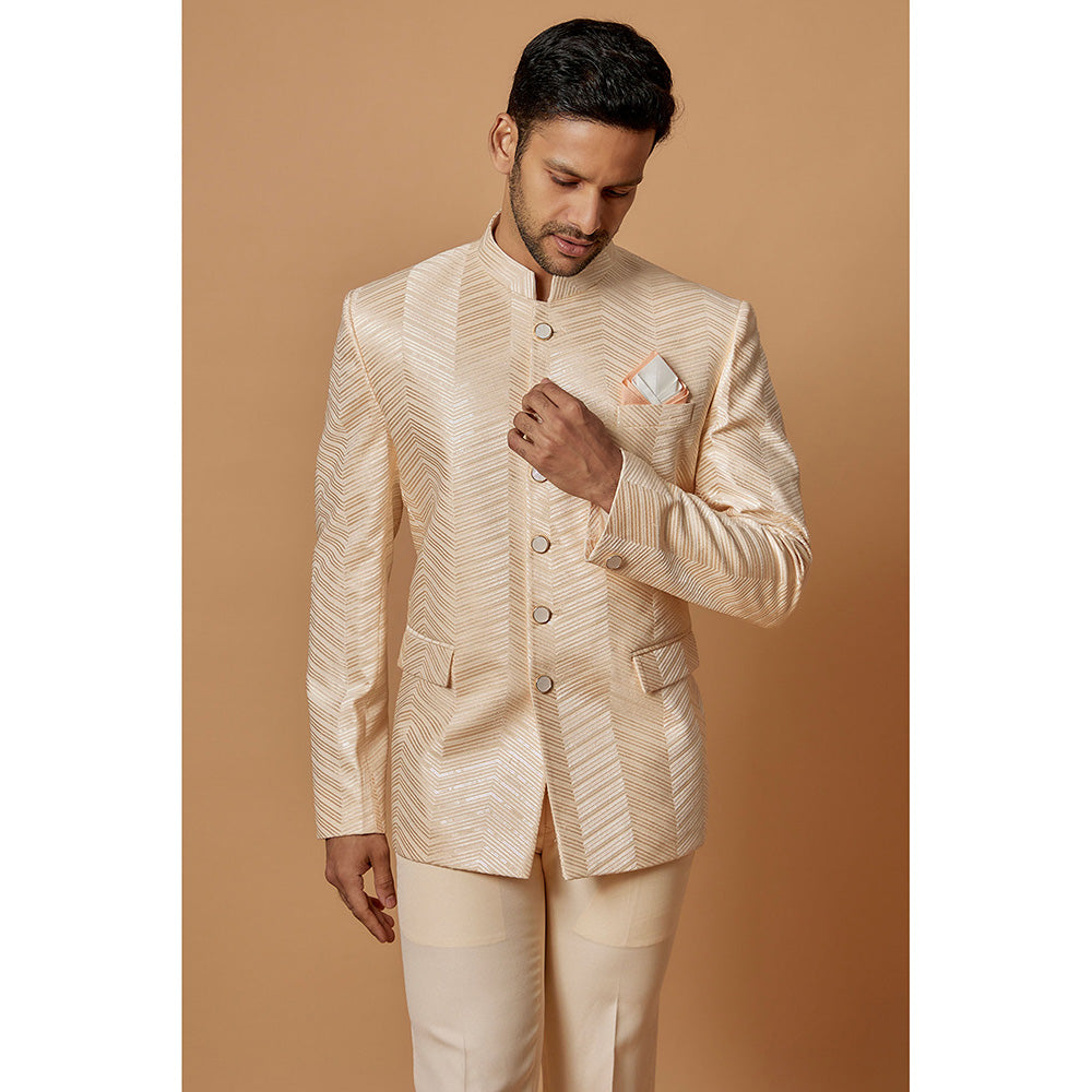 RIYAASAT Cream Suiting Fabric Embroidered Jodhpuri Coat and Pant (Set of 2)