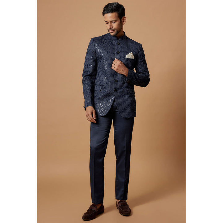 RIYAASAT Blue Silk Embroidered Jodhpuri Coat and Pant (Set of 2)