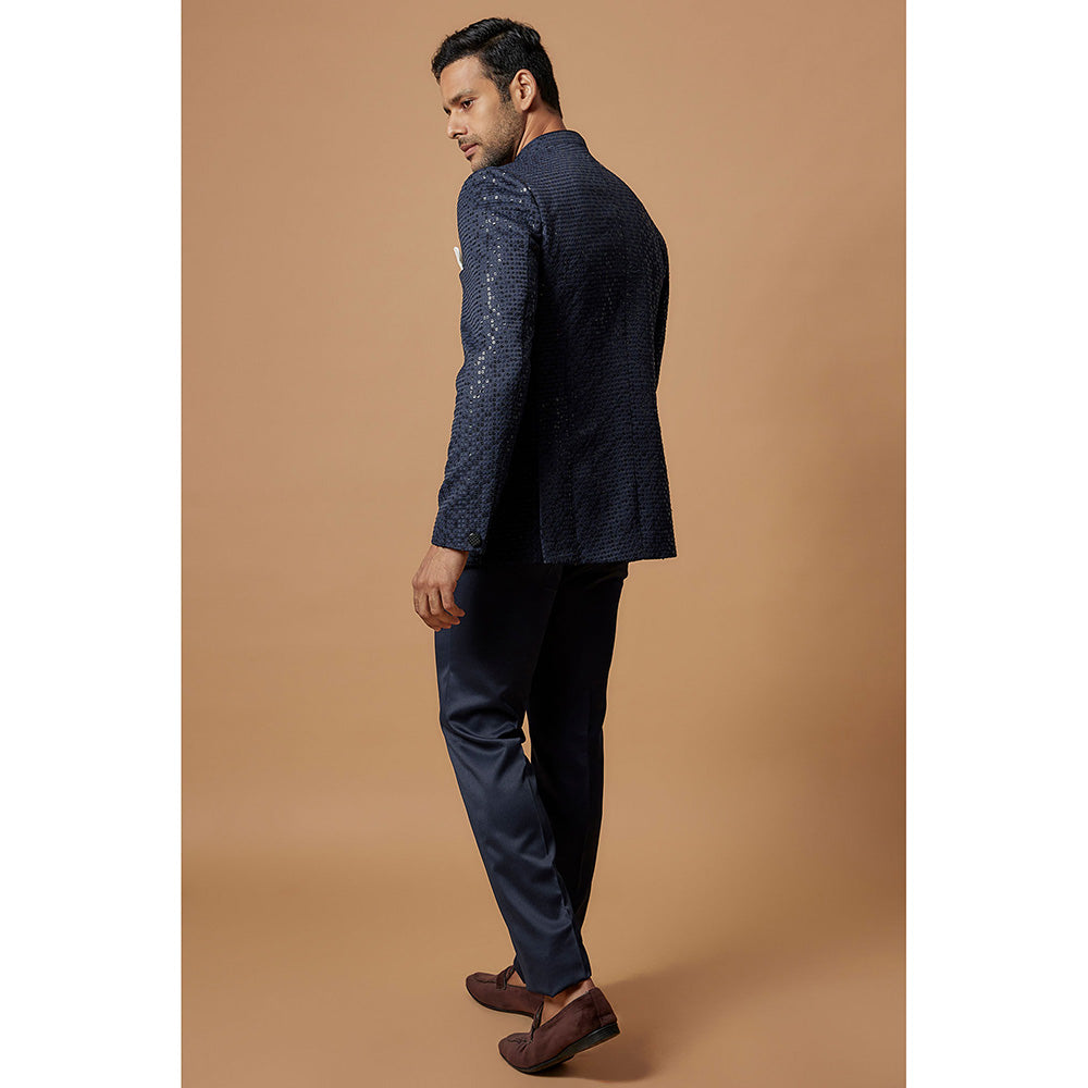 RIYAASAT Blue Silk Embroidered Jodhpuri Coat and Pant (Set of 2)