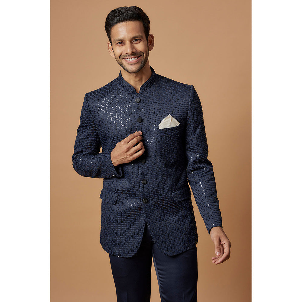 RIYAASAT Blue Silk Embroidered Jodhpuri Coat and Pant (Set of 2)