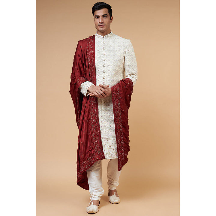 RIYAASAT Cream Embossed Embroidery Sherwani with Churidar and Shawl (Set of 3)