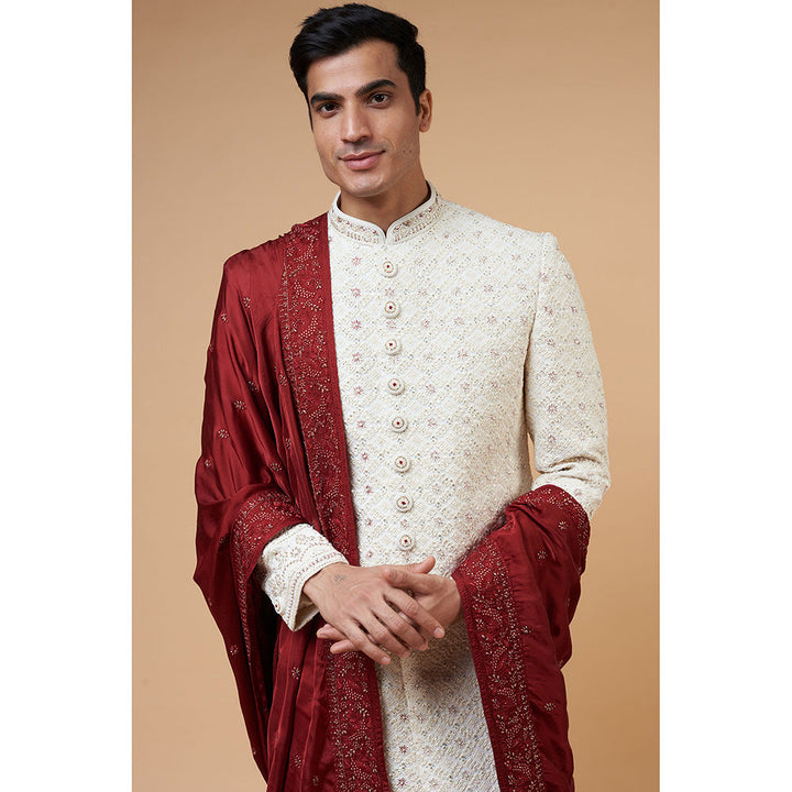 RIYAASAT Cream Embossed Embroidery Sherwani with Churidar and Shawl (Set of 3)