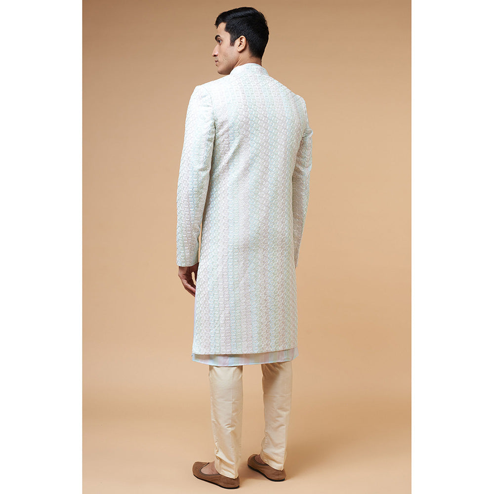 RIYAASAT Pista Green Silk Chikankari Embroidery Sherwani with Pant and Jacket (Set of 3)