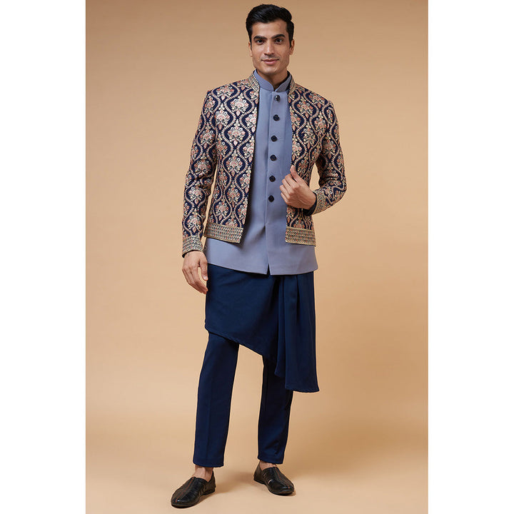 RIYAASAT Blue Embroidered Kurta Pant with Bandhgala and Jacket (Set of 4)