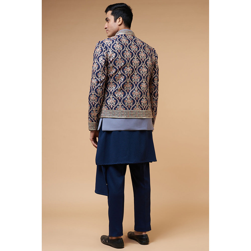 RIYAASAT Blue Embroidered Kurta Pant with Bandhgala and Jacket (Set of 4)