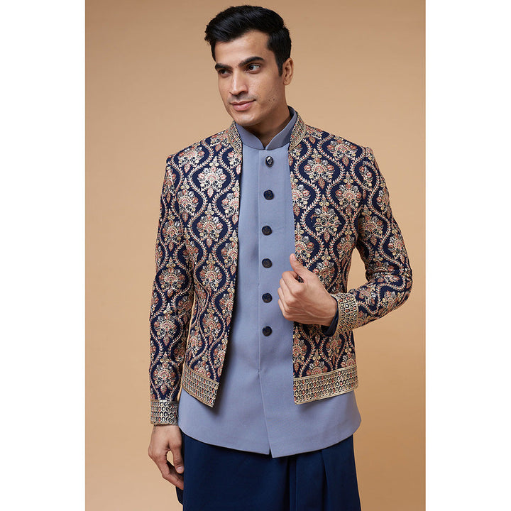 RIYAASAT Blue Embroidered Kurta Pant with Bandhgala and Jacket (Set of 4)