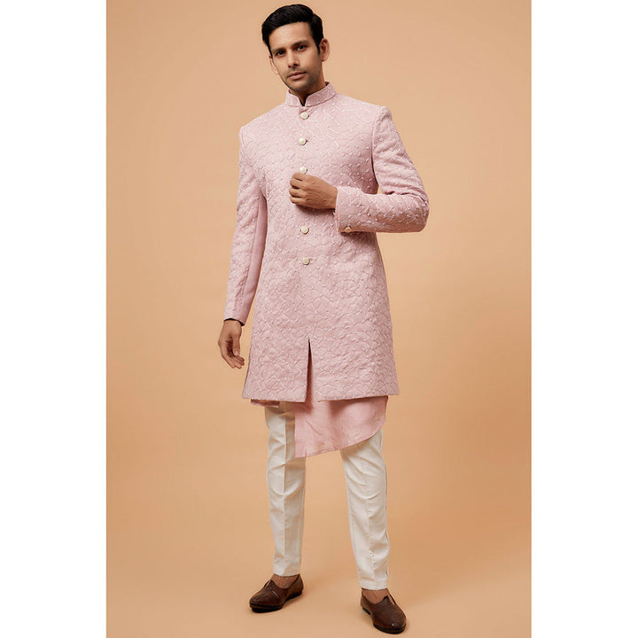 RIYAASAT Peach Suede Velvet Embroidered Kurta with Pant and Jacket (Set of 3)