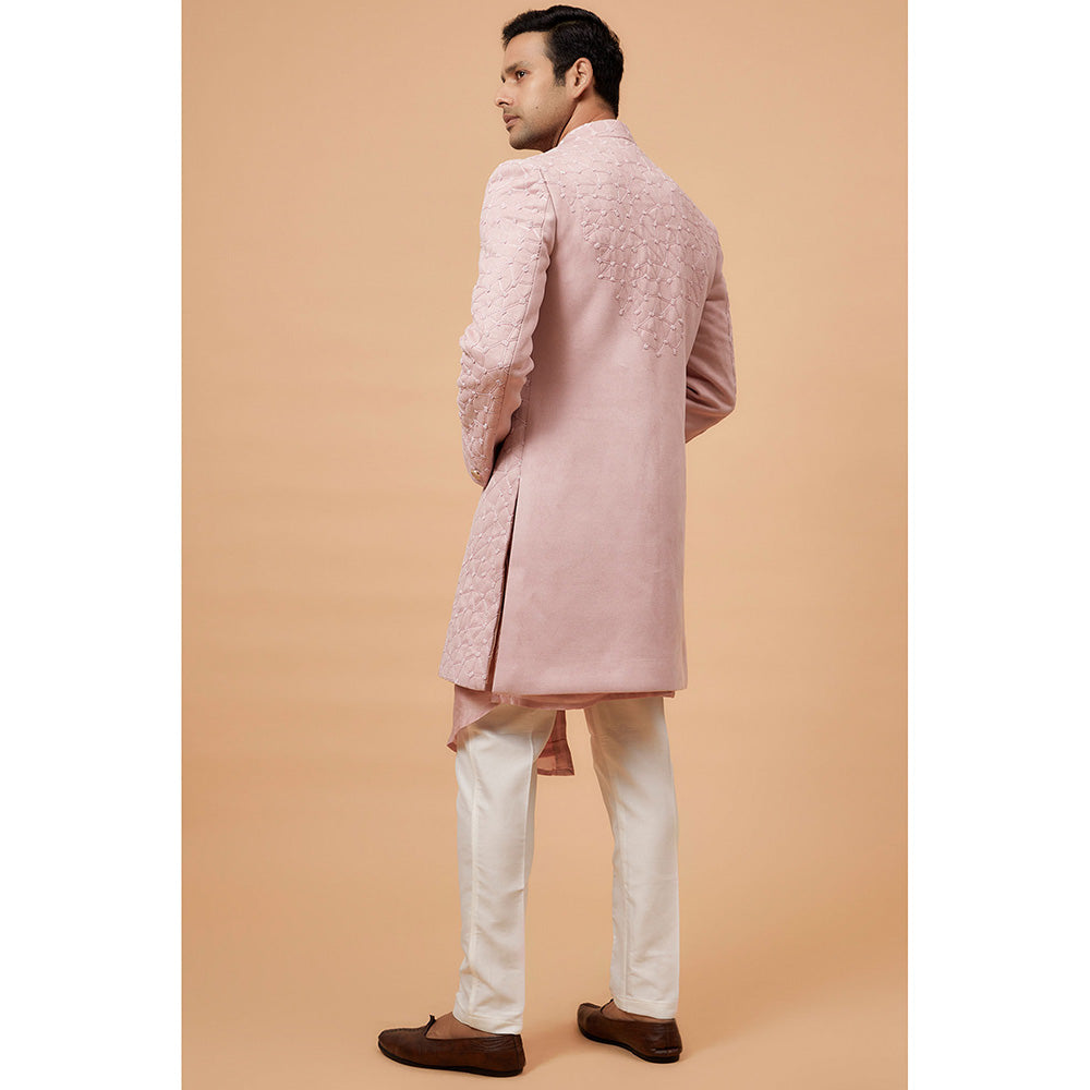 RIYAASAT Peach Suede Velvet Embroidered Kurta with Pant and Jacket (Set of 3)