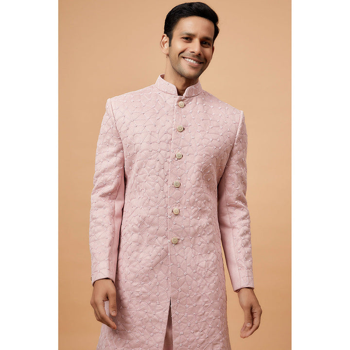 RIYAASAT Peach Suede Velvet Embroidered Kurta with Pant and Jacket (Set of 3)