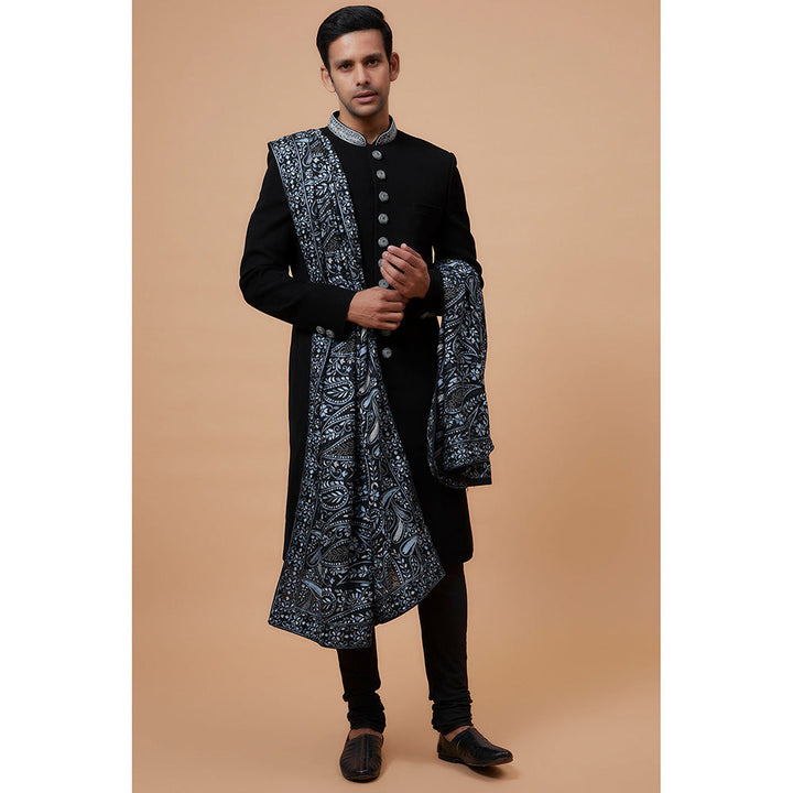 RIYAASAT Black Suiting Fabric Embroidered Sherwani with Churidar and Shawl (Set of 3)