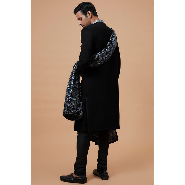 RIYAASAT Black Suiting Fabric Embroidered Sherwani with Churidar and Shawl (Set of 3)