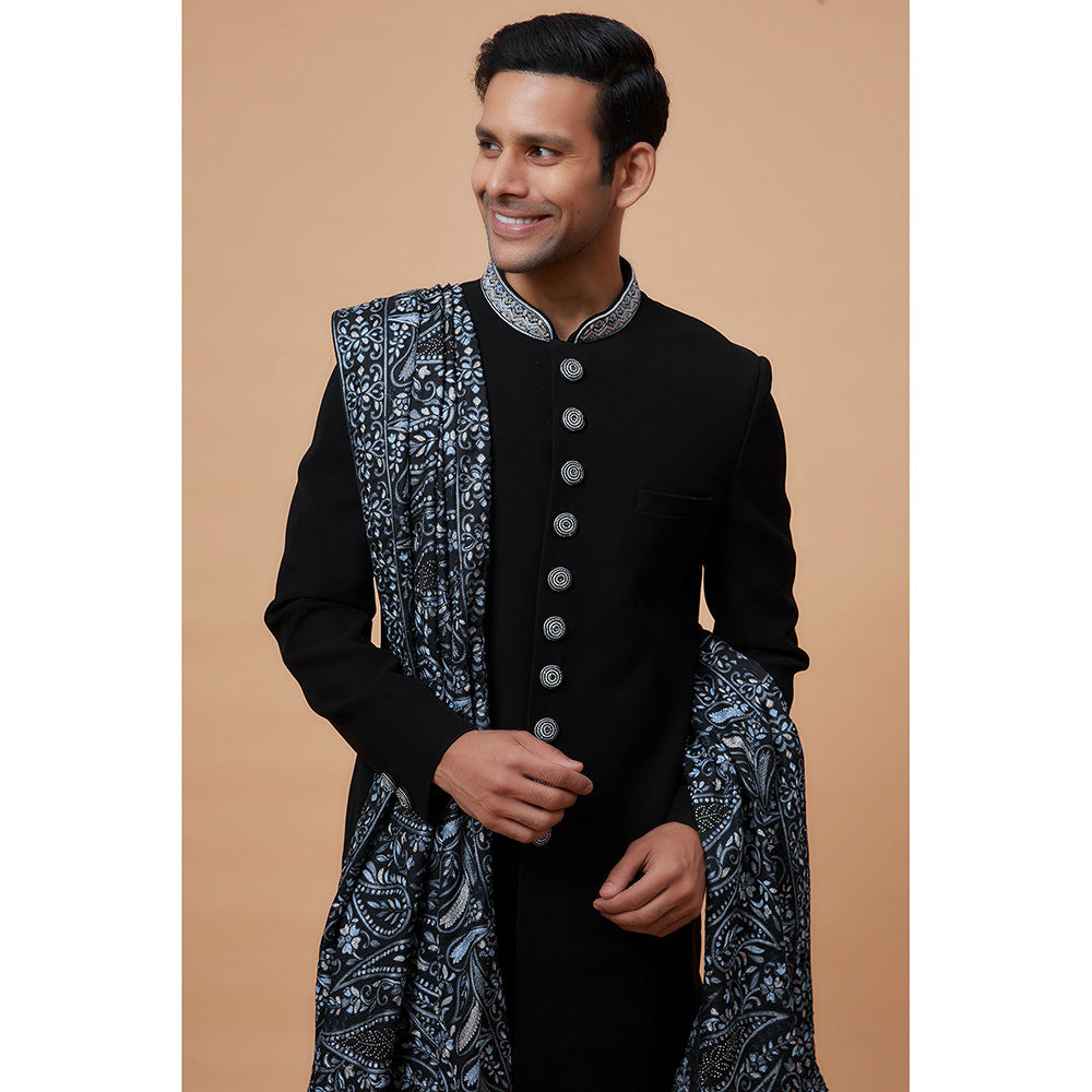 RIYAASAT Black Suiting Fabric Embroidered Sherwani with Churidar and Shawl (Set of 3)