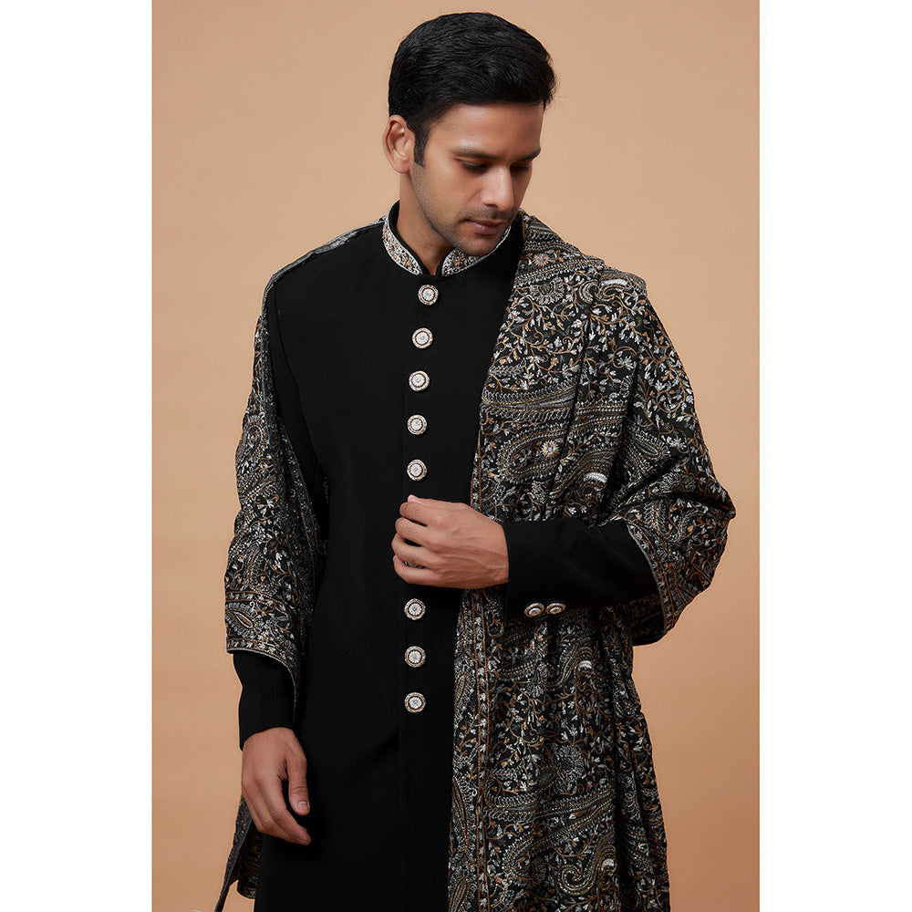 RIYAASAT Black Suiting Fabric Embroidered Sherwani with Churidar and Shawl (Set of 3)