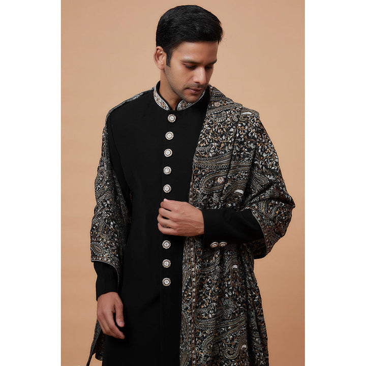 RIYAASAT Black Suiting Fabric Embroidered Sherwani with Churidar and Shawl (Set of 3)