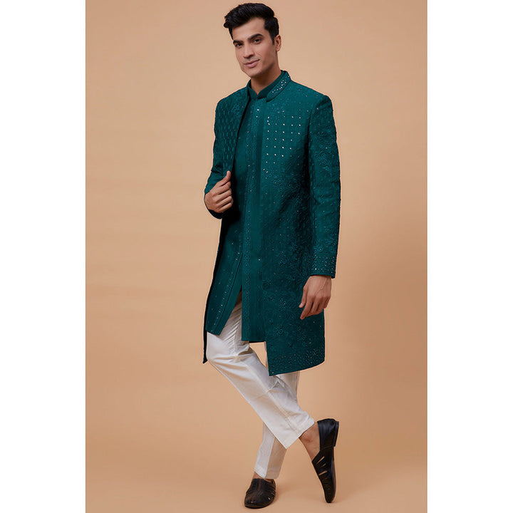 RIYAASAT Teal Silk Embroidered Sherwani with Pant and Jacket (Set of 3)