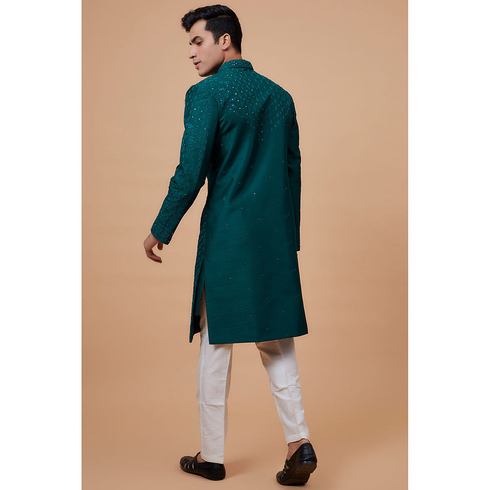 RIYAASAT Teal Silk Embroidered Sherwani with Pant and Jacket (Set of 3)