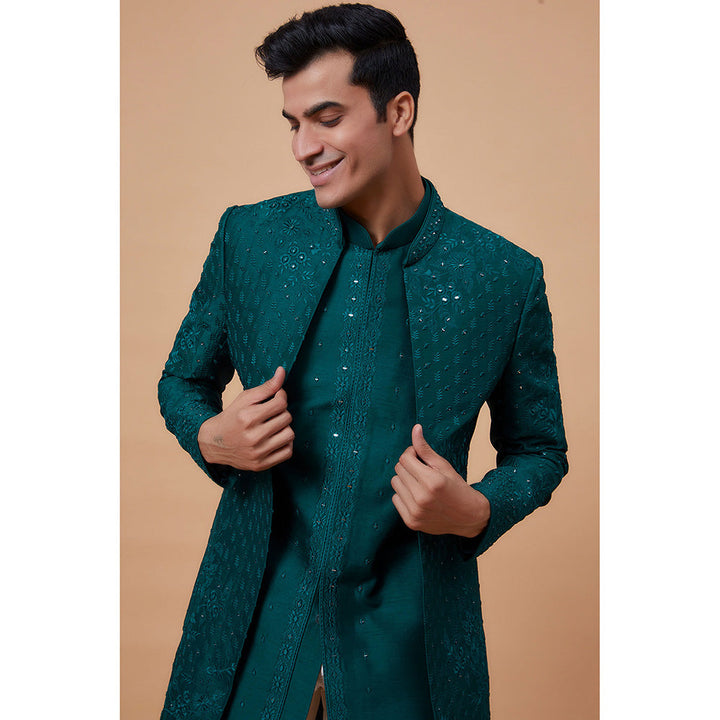 RIYAASAT Teal Silk Embroidered Sherwani with Pant and Jacket (Set of 3)