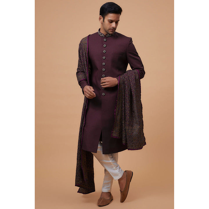 RIYAASAT Wine Suiting Fabric Embroidered Sherwani with Pant and Shawl (Set of 3)